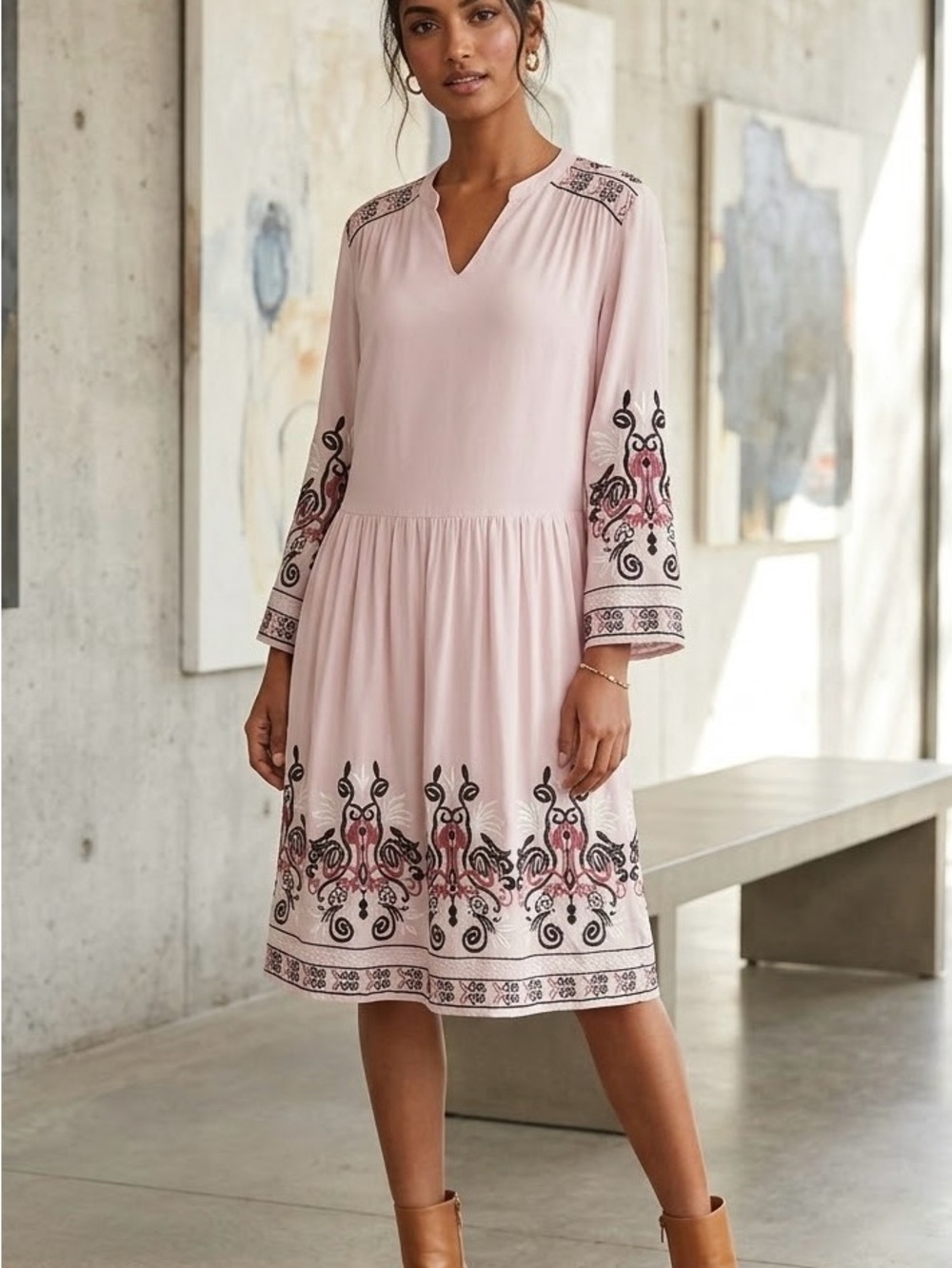 Cost Plus World Market Blush Pink Embroidered Midi Dress